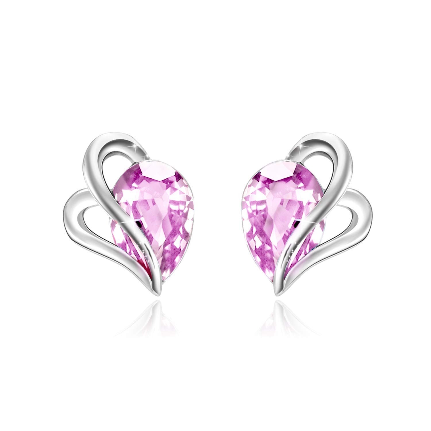 AOBOCO Sterling Silver Earring Studs for Women with Crystals, Love Knot Heart Earrings Hypoallergenic, 14K White Gold Plated (Light Rose)