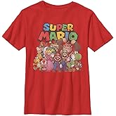 Nintendo Boy's Super Mario Bros Character Group T-Shirt - Funny Video Game Tee for Fans - Fun Design Red