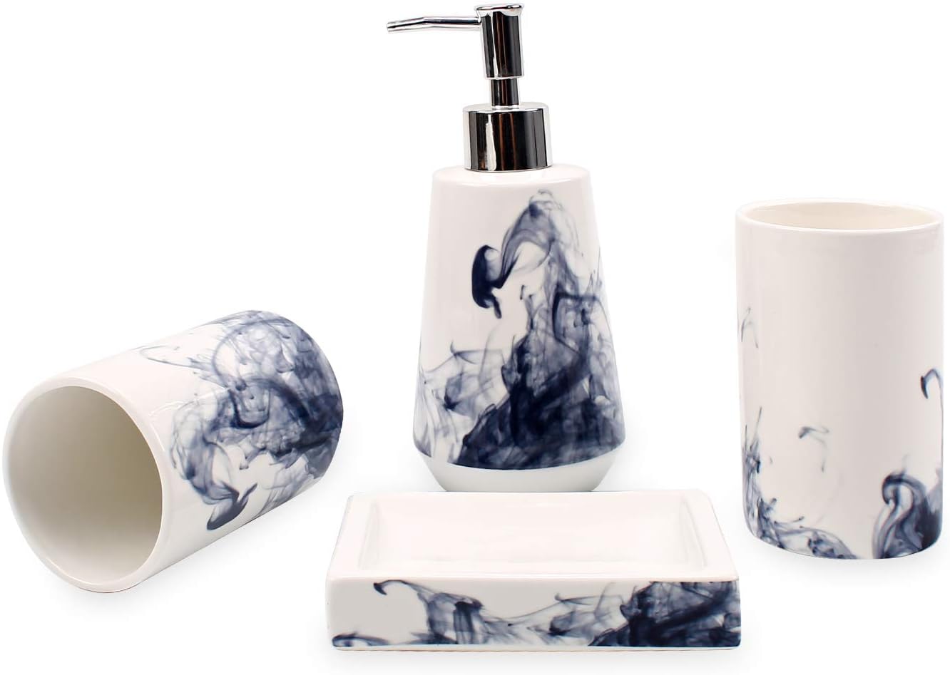 YALONG 4-Piece Artistic Blue and White Ceramic Bathroom Accessories Set with Lotion Dispenser, 2 Tumblers, Soap Dish