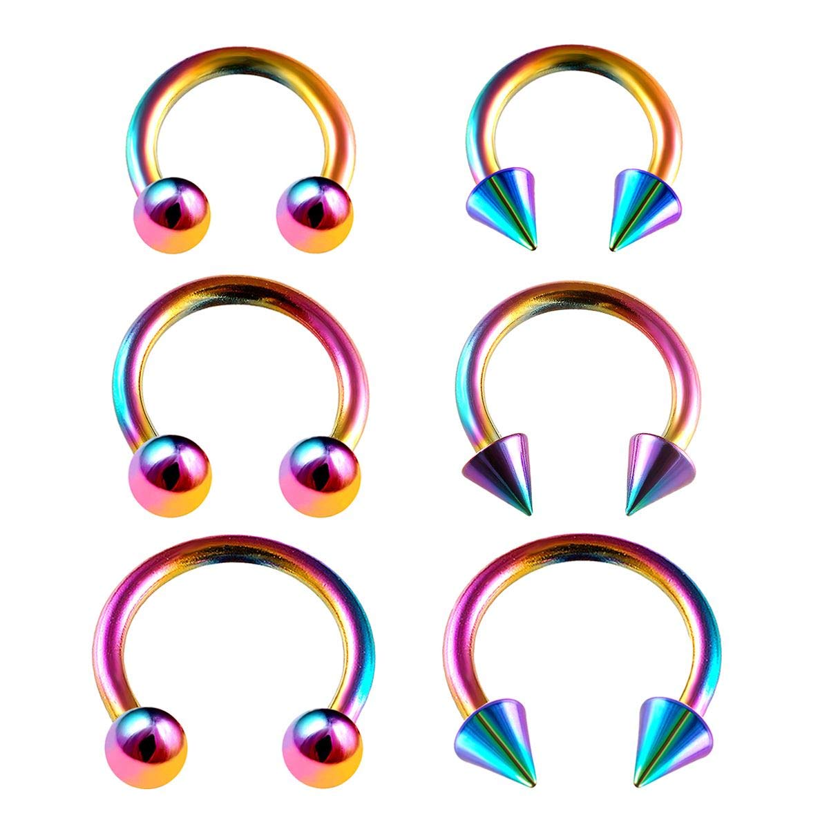 KJM FASHION 6PCS Steel Rainbow Horseshoe Earrings 16g 6mm 8mm 10mm 3mm Ball Spike Rim Earrings Eyebrow Tragus Piercing Jewellery 0264