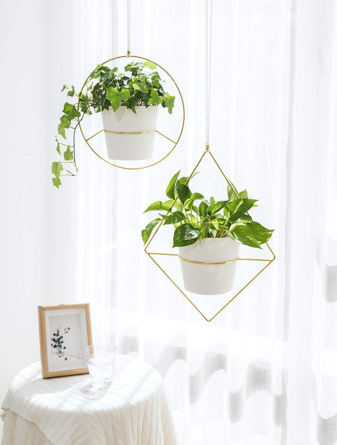 Mkono Boho Hanging Planter, Set of 2 Metal Plant Hanger with Plastic Pots, Modern Mid Century Flower Pot Plant Holder in Diamond and Circle Shape, Fits 6 Inch Planter (Plastic Pots Included), Gold: Garden & Outdoor