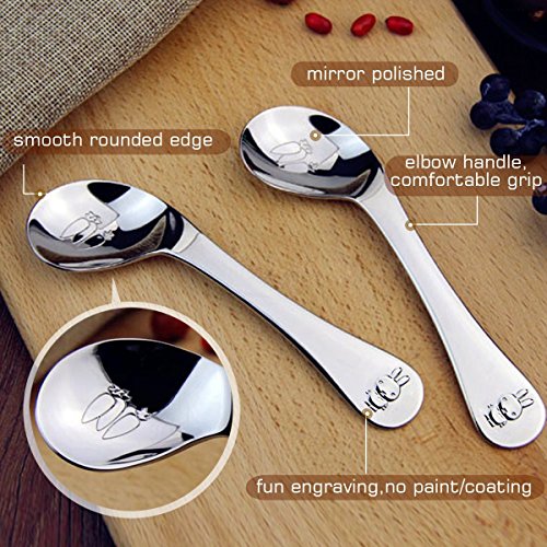 Curved Baby Spoon Toddler Utensils Stainless Steel for Right Handed,BPA Free Self Feeding Led Weaning Training Learning Eating Food Metal First Spoons Kids Children Silverware with Cute Rabbit Carrot