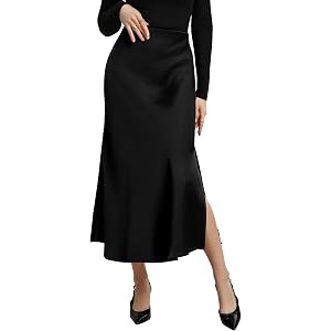 Kate Kasin Women Satin Midi Skirts, High Waisted Silk Flowy Fishtail Skirt | Elegant Trendy Mermaid with Slit, Business Casua