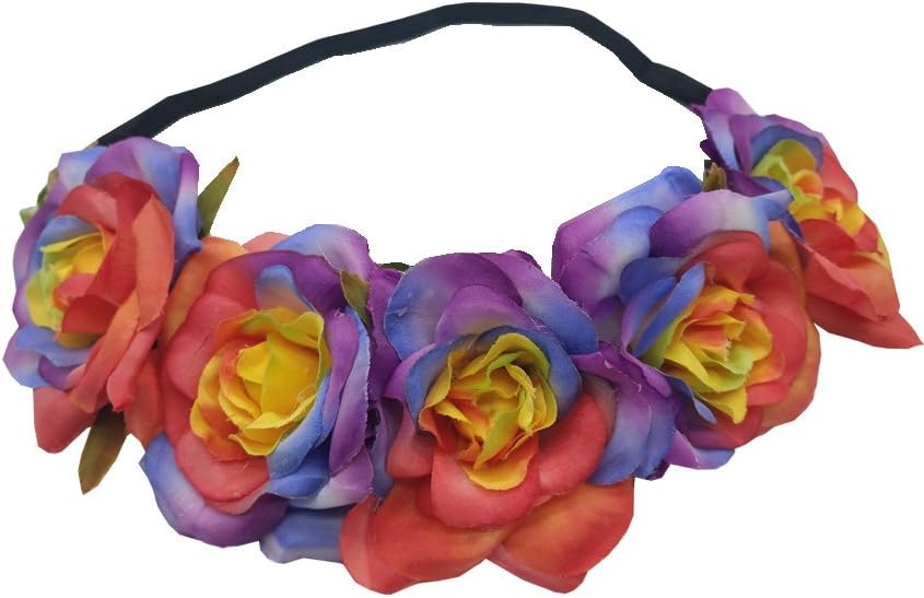 Sanrich Rose Flower Crown Fake Flower Crowns Headbands For Women Girl Rose Floral Head Piece Maternity Photoshoot Realistic Hair Crown Pet Headband Flower Wreath (rainbow)