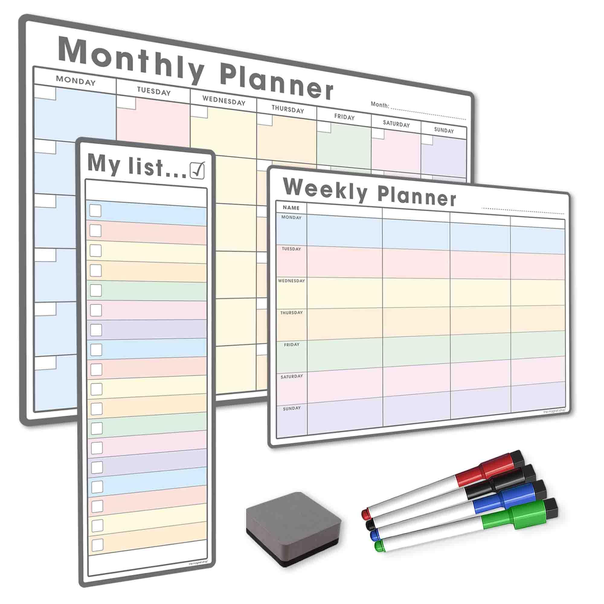 TMS #1 Magnetic Whiteboard Planner Pack/Custom Dry Erase Set | Weekly Planner, My List, Monthly Calendar | 4 Dry Wipe Marker Pens, Eraser (Pastel, Bundle 1)