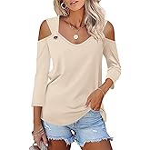 Minetom Women's V Neck 3/4 Sleeve Shirts Cold Shoulder Tops Basic Summer Tees