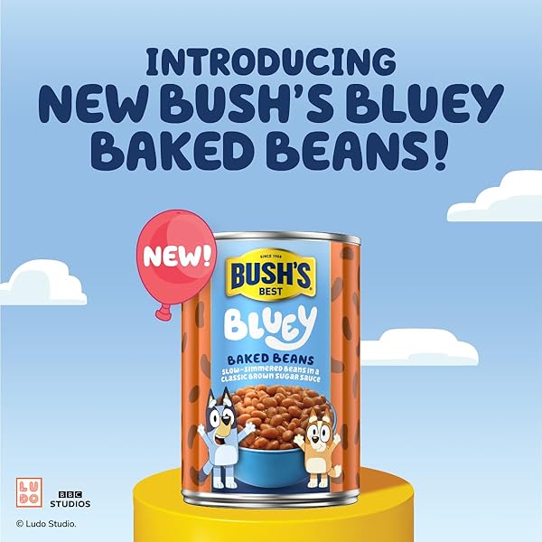 BUSH’S BEST 15.8 OZ CANNED BLUEY ORIGINAL BAKED BEANS, SOURCE OF PLANT BASED PROTEIN AND FIBER, LOW FAT, GLUTEN FREE, (BLUEY), (PACK OF 12)