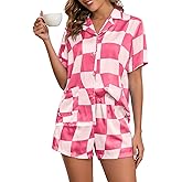 Brosloth Womens Silk Pajamas Summer Short Sleeve Floral Print Plaid Button Up Satin Pjs Set Loungewear Sets