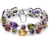 Hermosa Silver Bangle Bracelets For Women Classic Fashion Bracelet with Gemstone Garnet White Topaz Amethyst Citrine Peridot Pink Topza 7 Inches