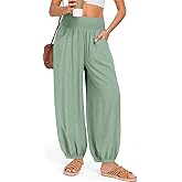 TARSE Womens Linen Wide Leg Pants Casual Loose Elastic Waisted Barrel Beach Palazzo Pants with Pockets