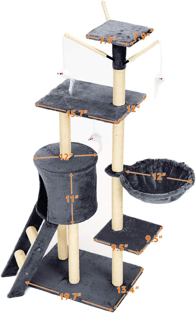 Mellcom Cat Tree Condo with Scratching Posts Perches, Cat Basket Lounger and Ladder, 56" Multi-Level Deluxe Cat Tower Kitten Play House (Grey) : Pet Supplies