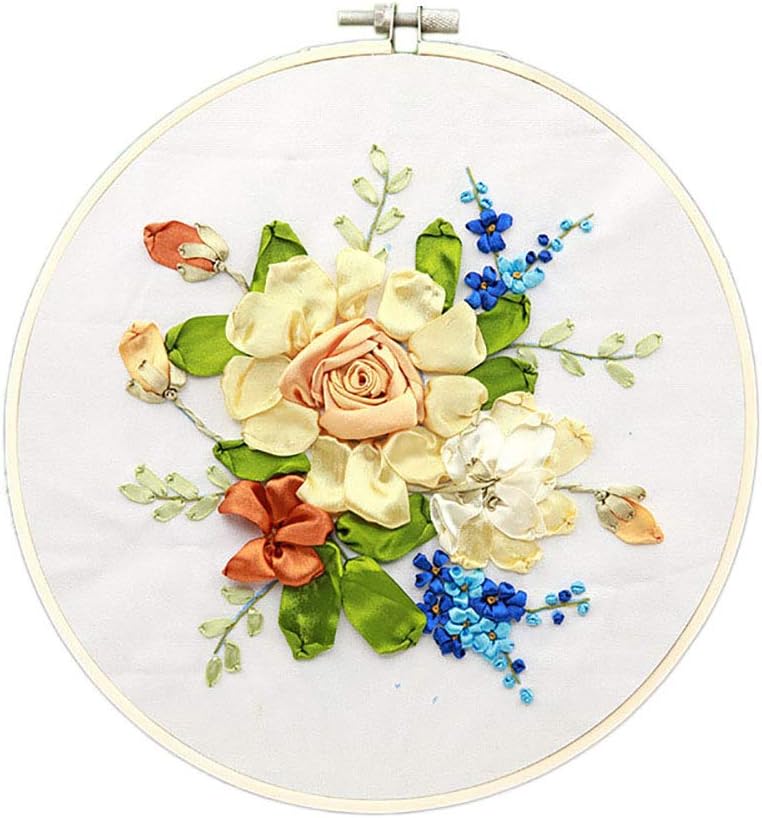 NMFIN Ribbon Embroidery Beginner Kit, DIY 3D Flower Printed Pattern Needlework Cross Stitch Handmade Sewing Craft with Hoop for Home Wall Art Decoration