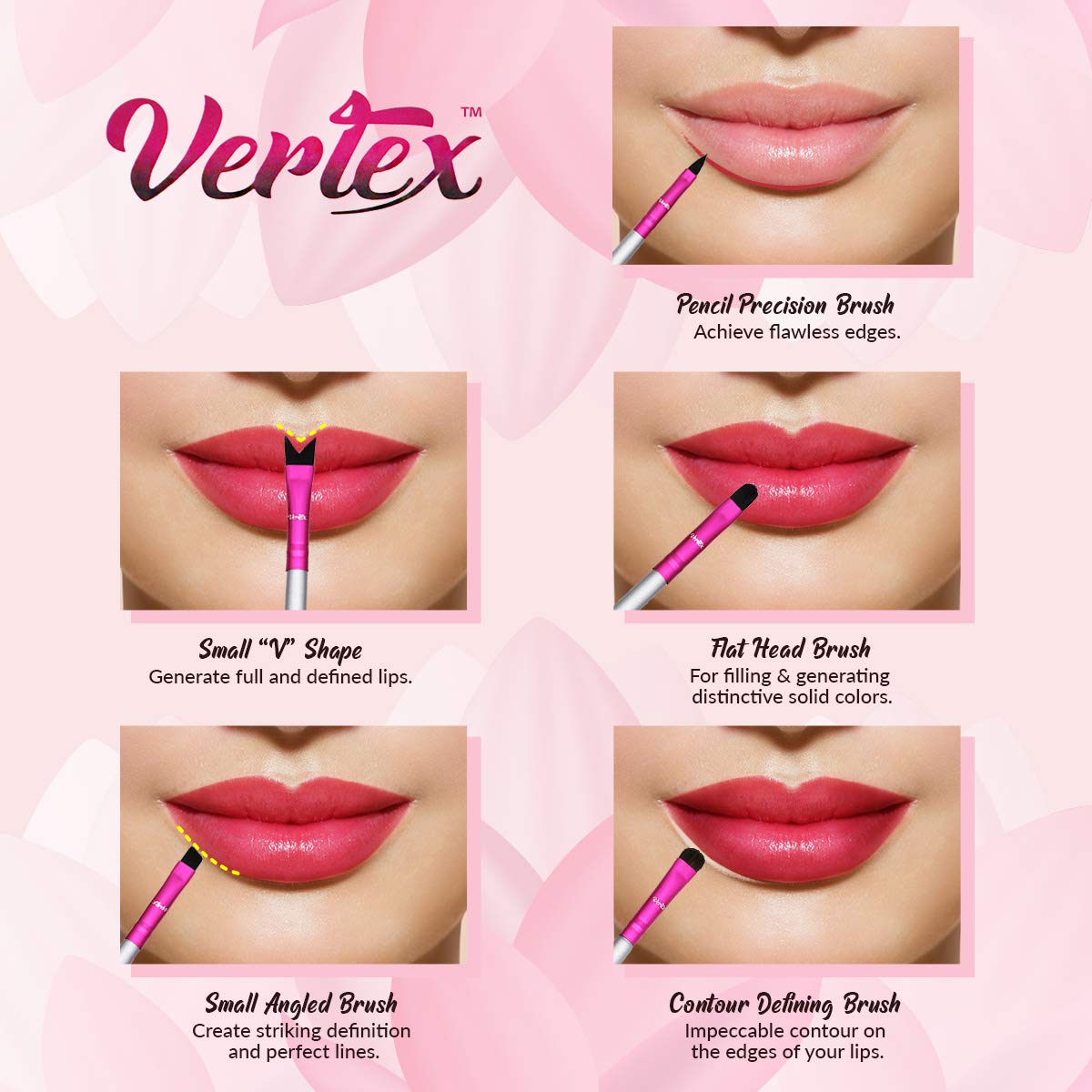 Lip Brush Set For Lipstick - Contour Your Lips For Fuller Looking Lips Designed By Makeup Artist For Streak-Free Application Premium Synthetic Hair (AAA) 5pcs Brushes at a Value Price Cruelty-Free Vertex Beauty: Beauty