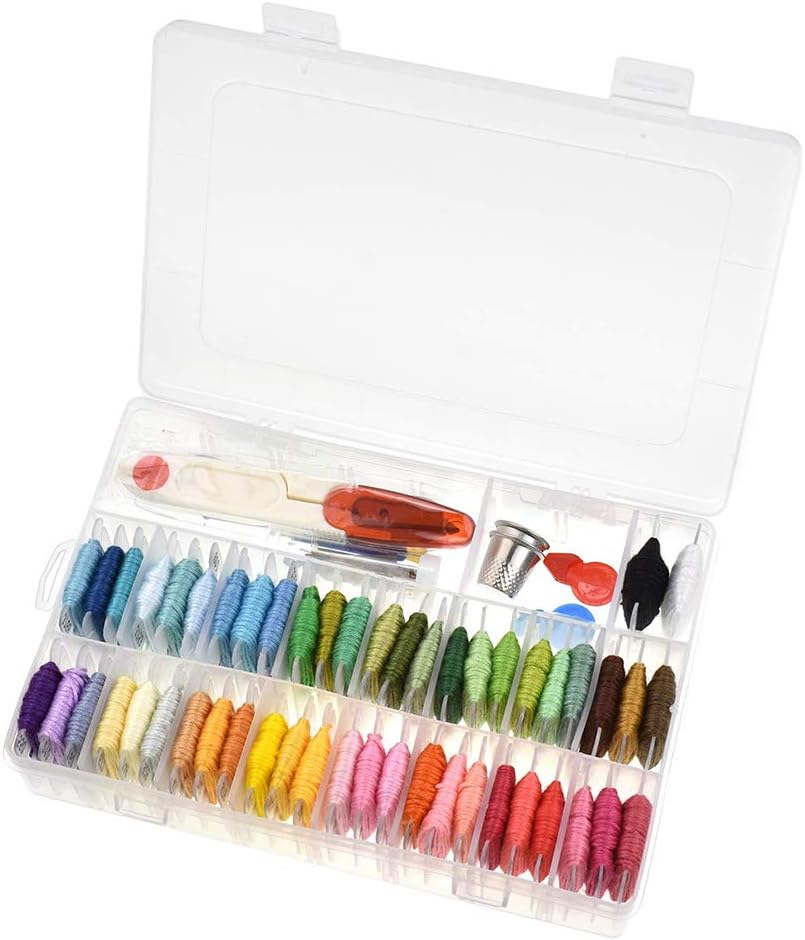 GZQ Embroidery Starter Kit with Organizer Storage Box Cross Stitch Tool Kit Embroidery Floss with 50 Colors Threads Needles Hoops Scissors Thimbles Soft Measure