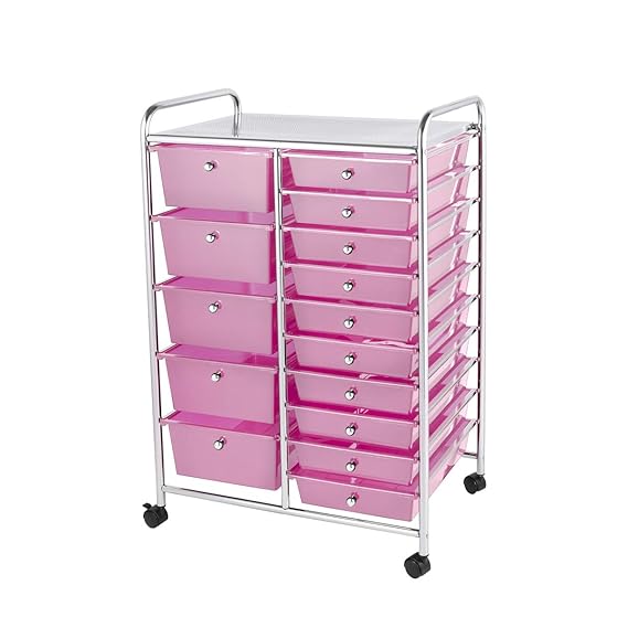 Home Treats Storage Trolley On Wheels Pink 15 Drawer Storage Unit For