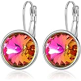 Austrian Crystals Round Drop Leverback Earrings for Women 14K Gold Plated Hypoallergenic Hoop Earrings