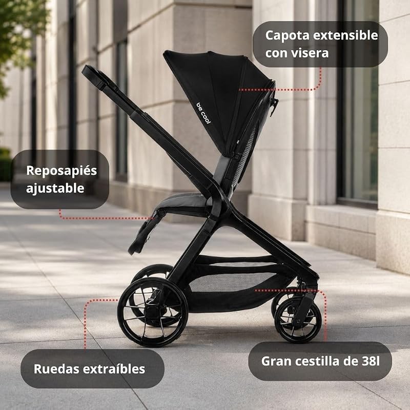 Kombo, Cochecito Bebé 2 Piezas con Capazo Rígido Elevable y Silla de Paseo Reversible, Plegado con una Mano, Desde el Nacimiento hasta 22 kg, Gris