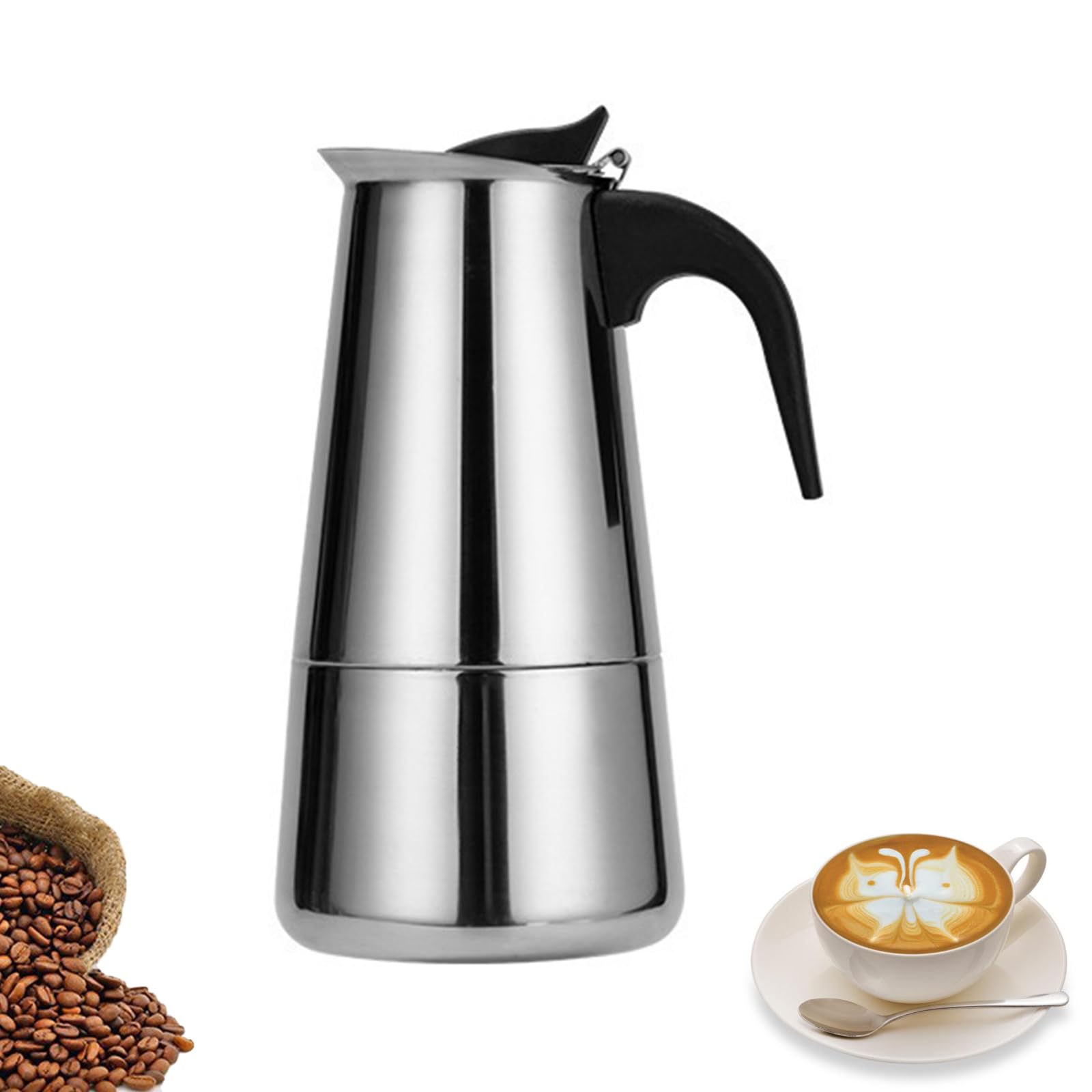 Konesky Moka Pot, 300ml / 6 Cups Stovetop Espresso Maker, Stainless Steel Coffee Pot with Ergonomic Insulated Handle, Maker Pot Coffee Extractor for Stronger Espresso