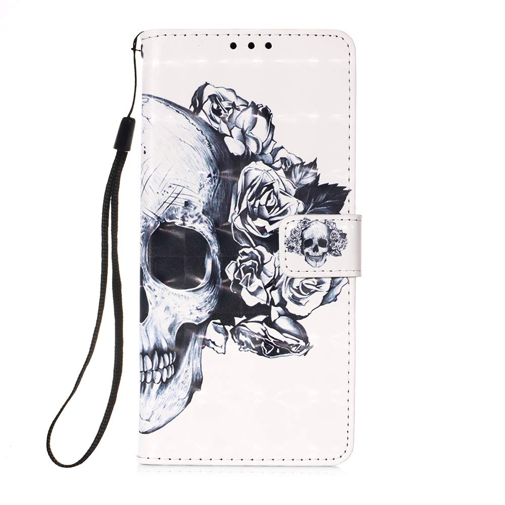 Samsung A21S Case Leather, Shockproof Full Protection Book Design Wallet Flip Folio Cover With [Magnetic Closure] and [Kickstand] Phone Case for Samsung Galaxy A21S, Skull Flower
