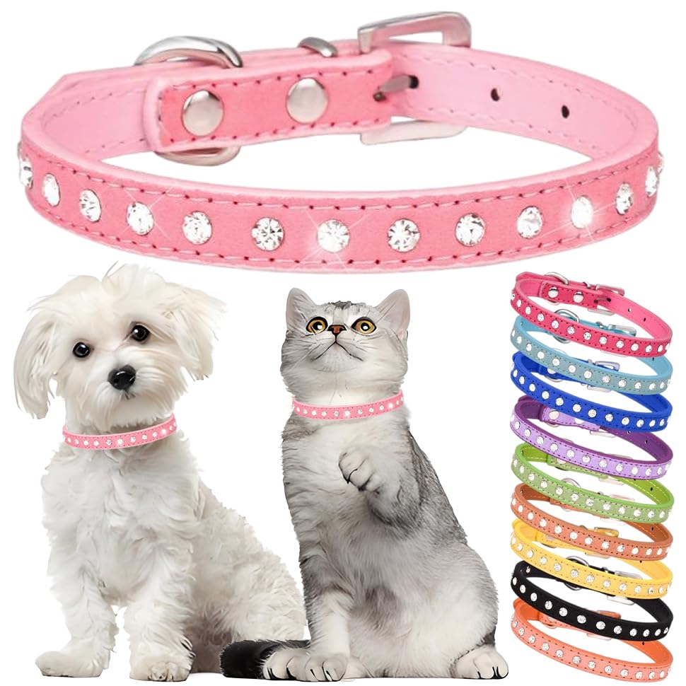 Rhinestone Dog Collar Cute Crystal Diamond Cat Collar Soft Leather Kitten Puppy Collars Adjustable for Small Medium Dogs Pink XS
