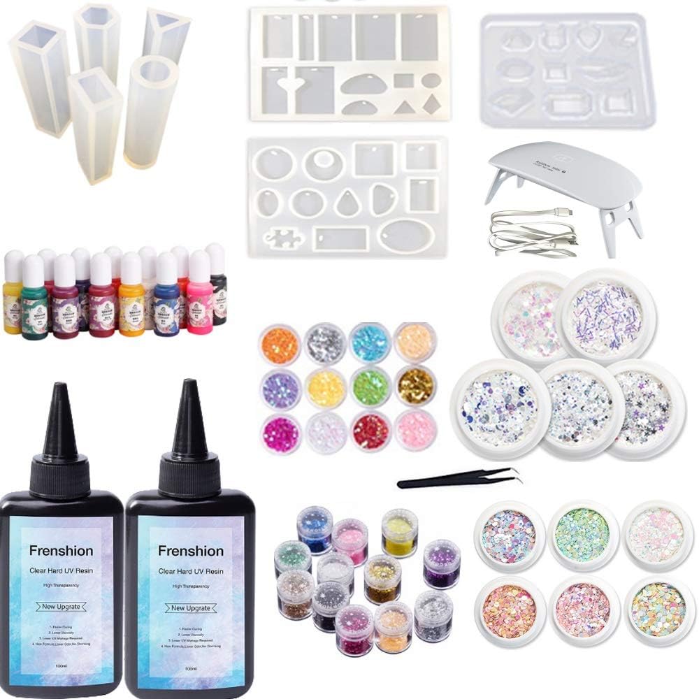 2X100ML Crystal Clear Transparent Epoxy Resin UV-led Resin Non-Toxic, 35 Decoration with Tweezer, 8 Resin molds with 100 Rings, 13 Color Liquid Pigment with UV LED Lamp