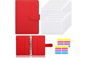 12pcs Clear Plastic A6 Binder Envelopes with PU Leather 6 Ring Binder,Waterproof Cash Budget Envelopes System with Label Stic