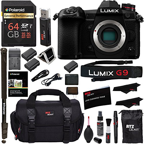 Panasonic-Lumix-G9-Mirrorless-Camera-Body-203-MP-G9KBODY-Polaroid-64GB-High-Speed-SD-Card-U3-Polaroid-72-Monopod-Spare-Battery-Battery-Charger-Ritz-Gear-Cleaning-Kit-and-Accessory-Bundle