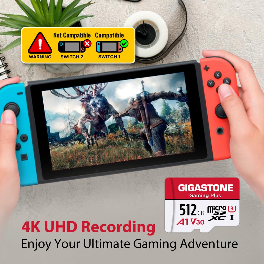 GIGASTONE 512GB Micro SD Card, Gaming Plus, MicroSDXC Memory Card for Nintendo-Switch 1, Wyze, GoPro, Dash Cam, Security Camera, 4K Video Recording, UHS-I A1 U3 V30 C10, up to 100MB/s, with Adapter