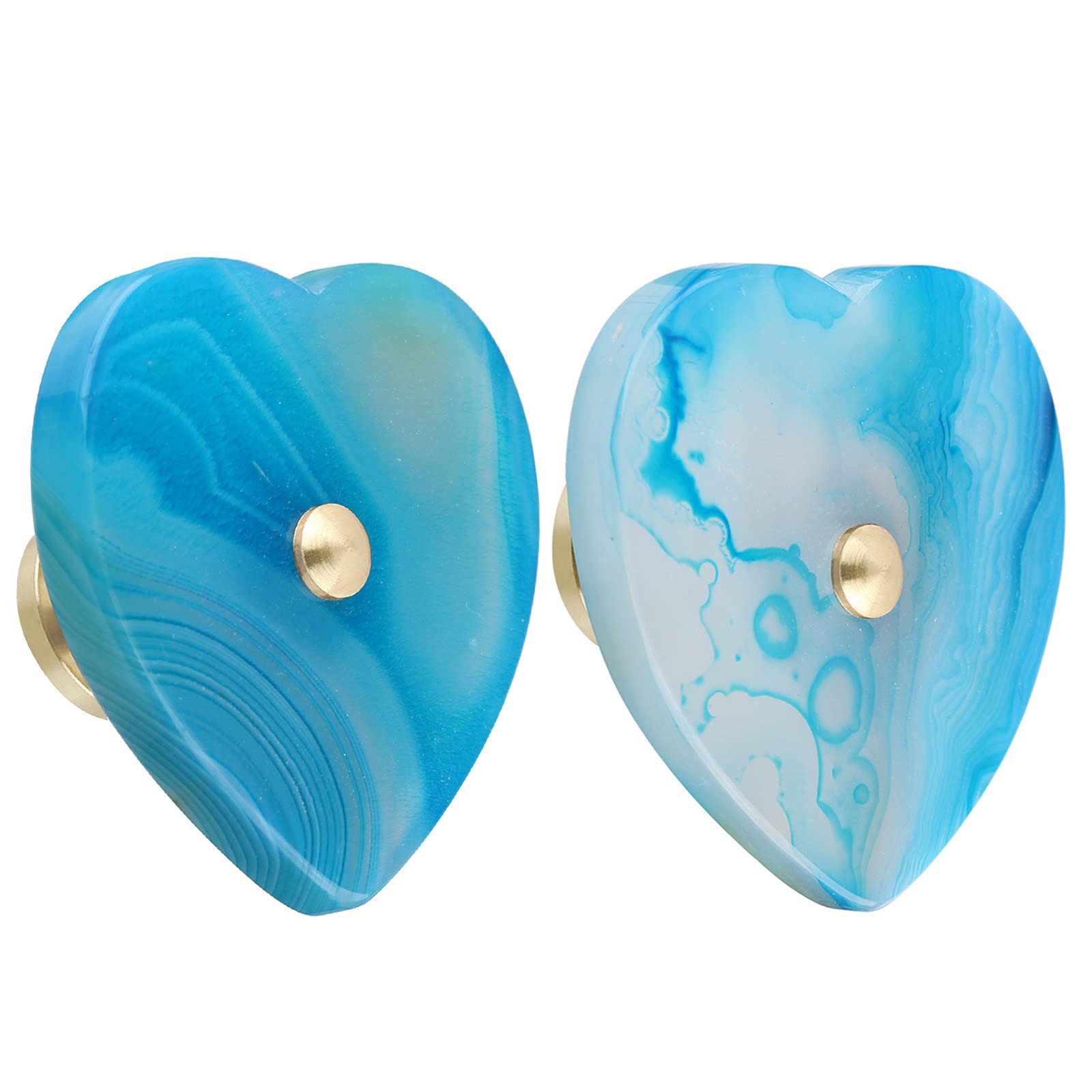 Nupuyai 2pcs Agate Slice Cabinet Knobs with Screws, Heart Stone Decorative Drawer Pulls Handle for Dresser Cupboard Wardrobe, Blue