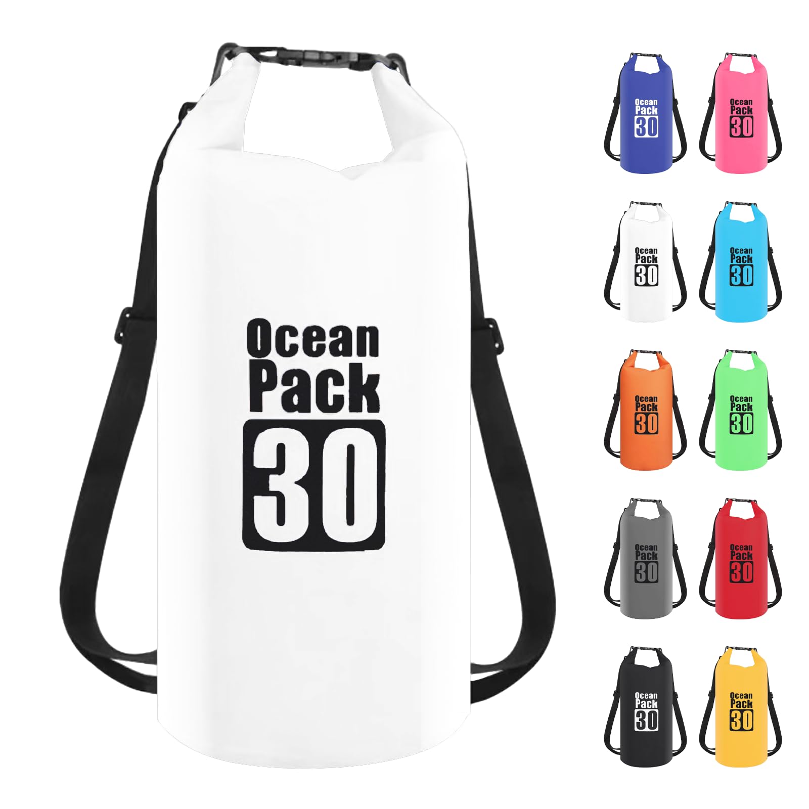 Dry Bag 30L, Boat Dry Bags White Waterproof Bag Dry Sack Roll Top Long Adjustable Shoulder Strap 2L/5L/10L/20L/30L/40L for Drifting Boating Kayaking Fishing Rafting Swimming Camping Canoeing Surfing