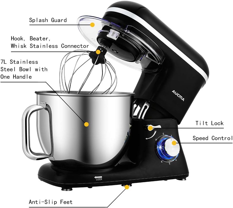 Aucma Stand Mixer,7L Tilt-Head Food Mixer, 6 Speed Electric Kitchen Mixer with Dough Hook, Wire Whip & Beater 1400W (7L, Black) - Image 4