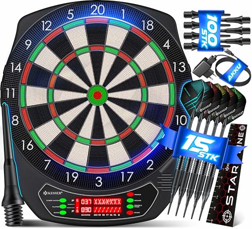 KESSER® Elektronische Dartscheibe Profi Set - E Dartboard mit 15 Dartpfeile + 20 Pro Flights 100 Pfeilspitzen + Zubehör Dart für 1 bis 8 Spieler mit L