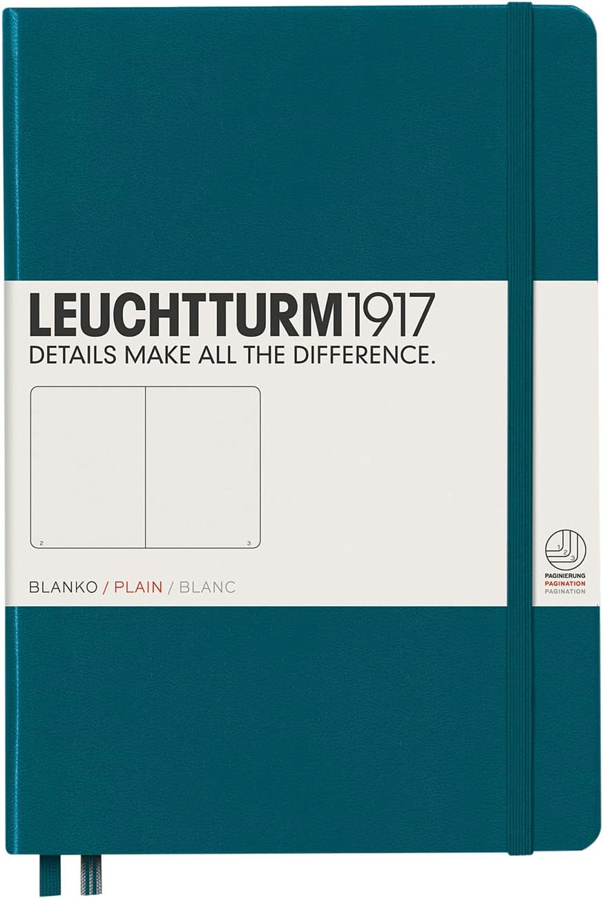 LEUCHTTURM1917 359698 Notebook Medium (A5), Hardcover, 251 Numbered Pages Pacific Green, Plain, Blanko