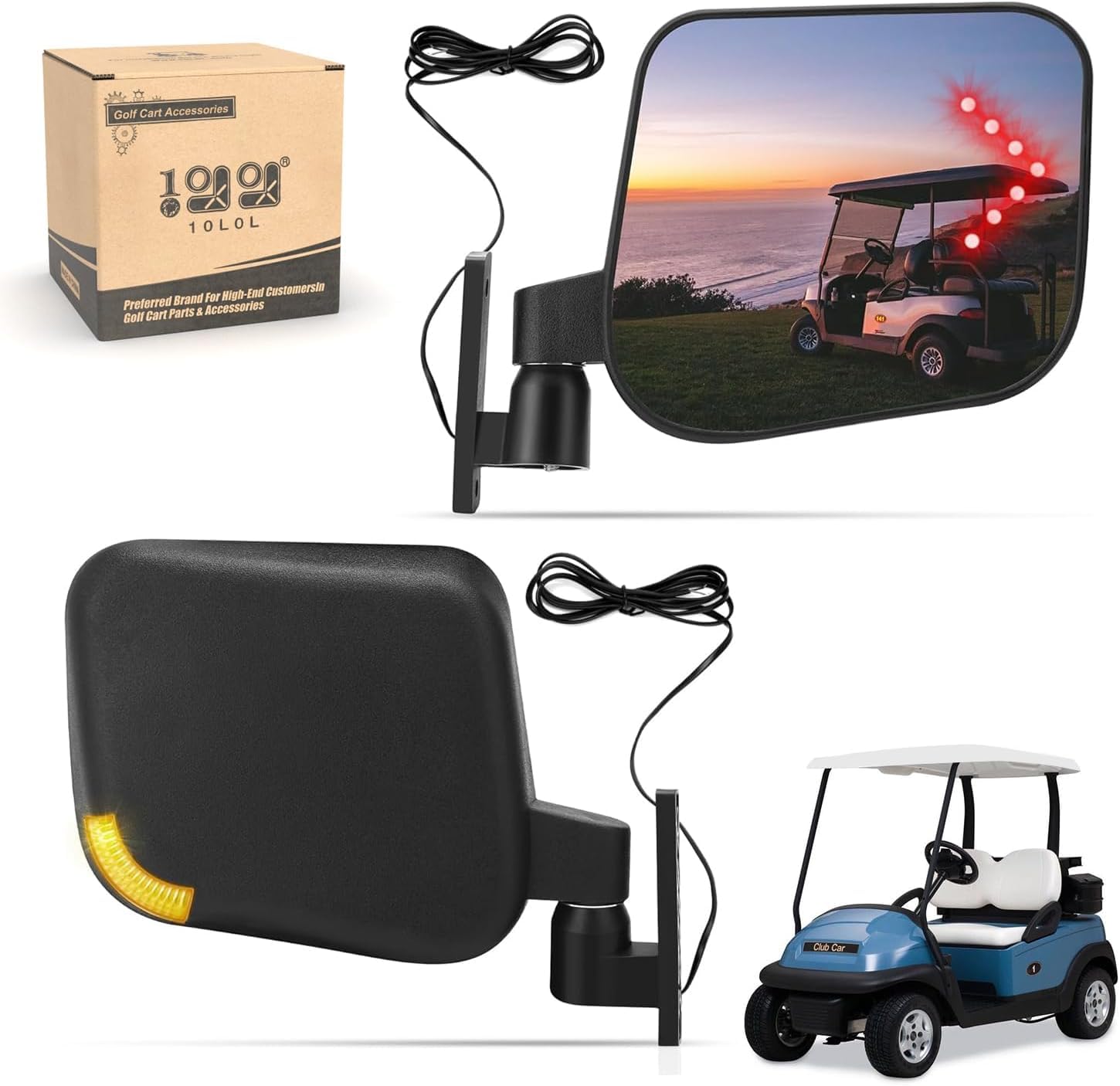 10L0L Golf Cart Side Mirrors with LED Turn Signal Blinker Light Connected to Headlight Kit, Rear View Mirror Universal for Yamaha EZGO Club Car Models