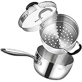 SLOTTET Tri-Ply Whole-Clad Stainless Steel Saucepan with Steamer,2.5 Qt Small Multipurpose Pot with Pour Spout,Strainer Glass Lid, 2 Quart Sauce Pan for Cooking with Stay-cool Handle.