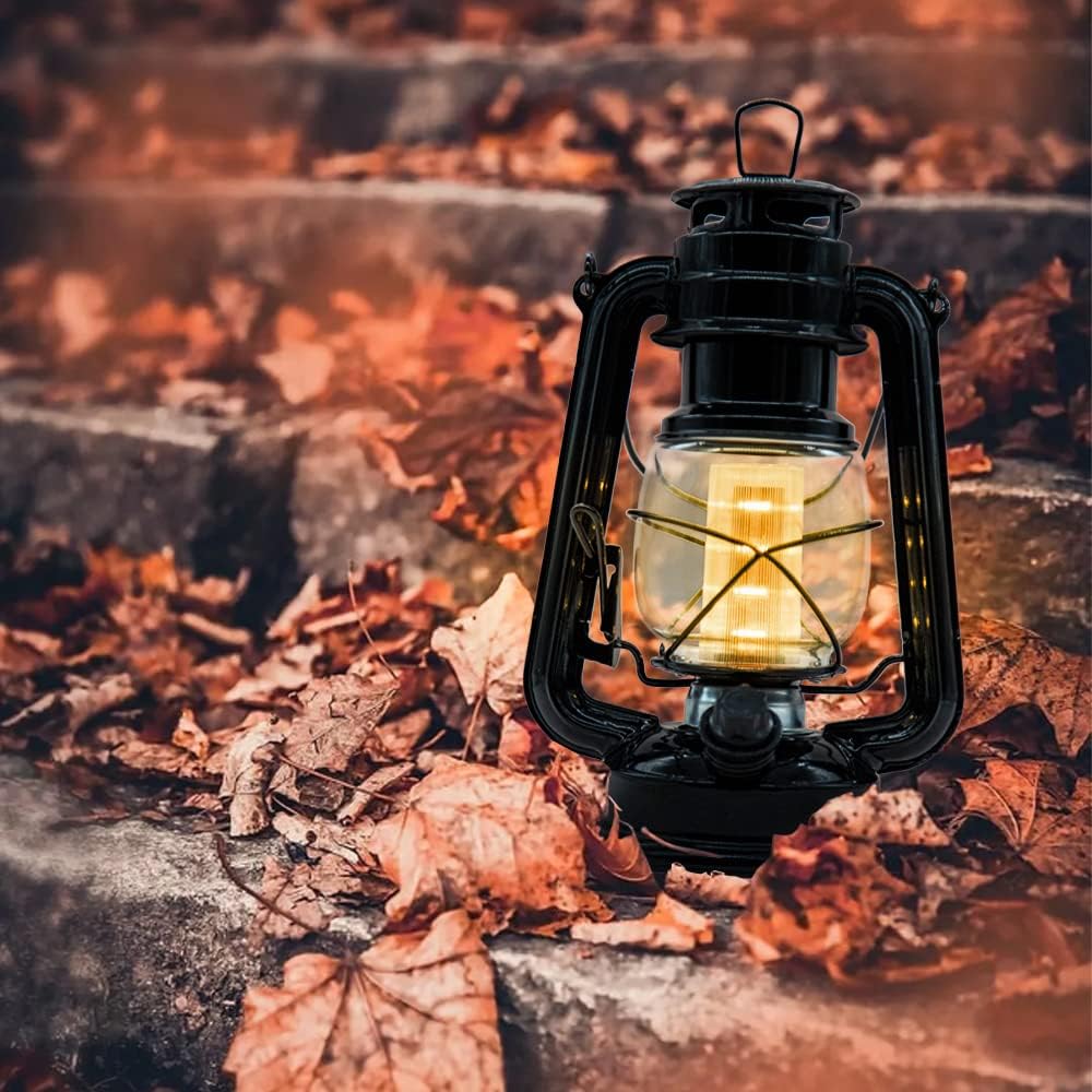 Oil Lamps & Accessories - YAKii LED Vintage Lantern Metal Hanging Hurricane Lantern 12 LED Dimmer Switch Warm White Battery Operated Lantern Power Outage Indoor Camping Lighting Outdoor Brooklyn Lantern Decoration(Black)