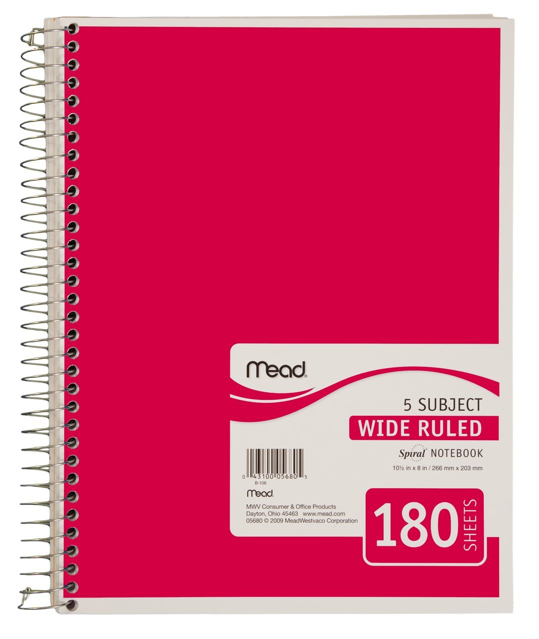 Mead Spiral Notebook, 5 Subject, Wide Ruled Paper, 180 Sheets, 101/2