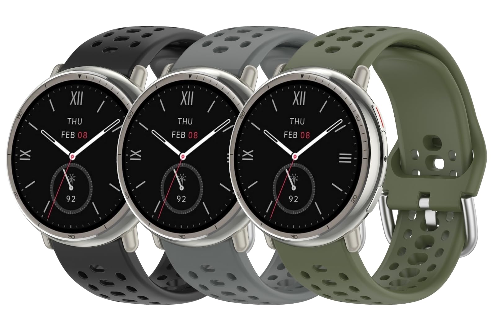 UPZOBU 20mm Watch Band for Amazfit Active 2 Band, Quick Release Silicone Sport Watch Strap (3 Pack, Black/Space Gray/Army Green)