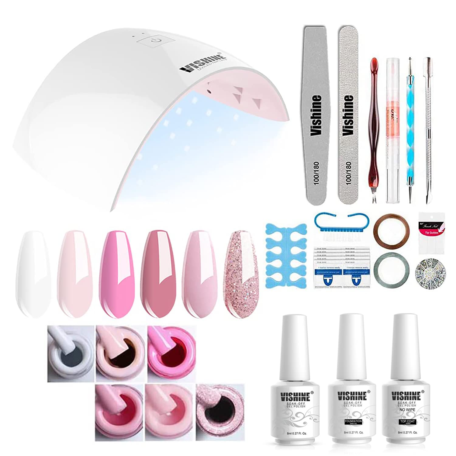 Vishine Gel Polish Starter Kit - 6 Colours Set With Base Top Coat, 36W LED Dryer Lamp, Full DIY Manicure Tools 8ml C03