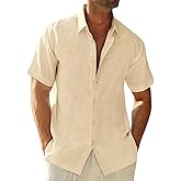 Runcati Mens Button Down Linen Shirts Short Sleeve Casual Collared Summer Beach Untucked Tops
