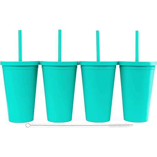 Tumblers with Lids (4 pack) 16oz Pastel Colored Acrylic Cups with Lids and Straws | Double Wall Matte Plastic Bulk Tumblers With FREE Straw Cleaner! Vinyl Customizable DIY Gifts (Aqua)