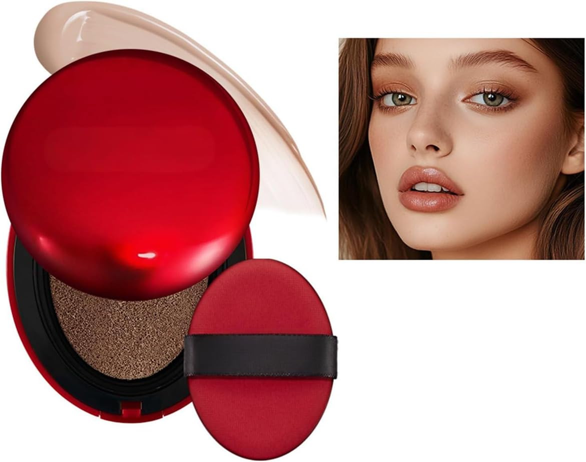 Cushion Foundation,Semi-Matte Finish 72-Hour Foundation Full Coverage Sun Protection, Waterproof, Clear Makeup Red+Shell+Air Focuses on Keeping The Coverage Great,18g