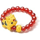 ZHOU LIU FU 24K Solid Gold Agate Beaded Pixiu Ring for Women Real Pure Gold Jewelry Stretch Ring with Jewelry Box