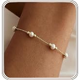Gold Pearl Bracelets for Women Trendy 14k Gold Plated Dainty Pearl Beaded Bracelets Adjustable Chain Wedding Bridesmaid Brace