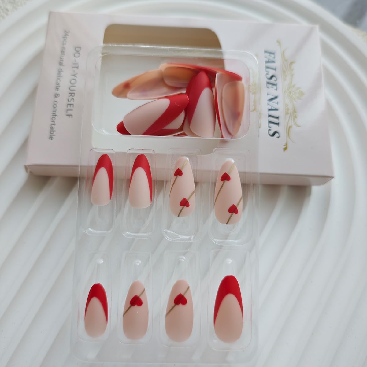 Red French Tip Press on Nails Heart Fake Nails Medium Almond False Nails with Line Design Love Glue on Nails Glossy Acrylic Full Cover Nude Pink Stick on Nails for Women Manicure - Image 5