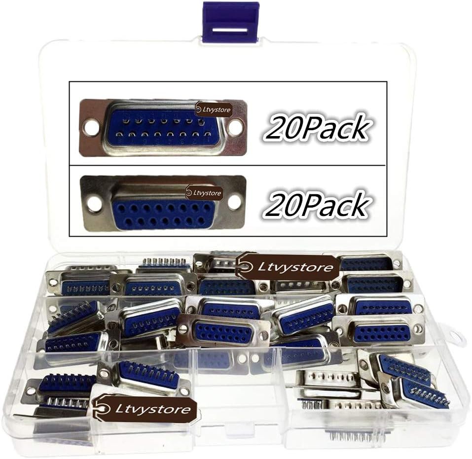 RS232 Parallel DB15 Serial Port VGA 15 Pin Male/Female Solder Connector, Ltvystore 2 Rows D-SUB Female/Male Plug Socket Connector Box,Pack of 40