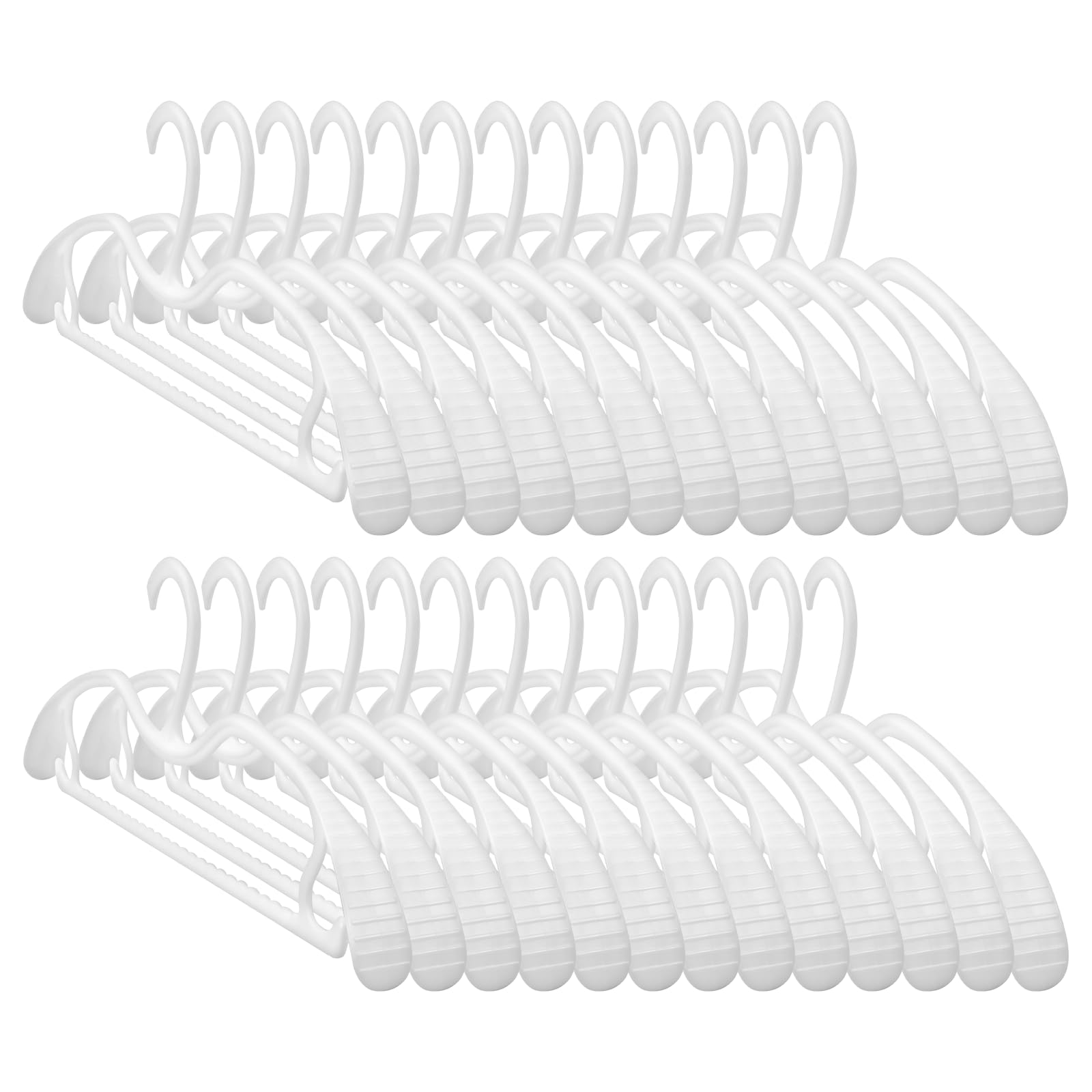 Photo 1 of 24 Pack Upgraded Short Neck Vertical Space Saver Hangers Heavy Duty Wide Shoulder Clothes Hangers Built-in Dual Hooks Wave Pattern Non-Slip Plastic Hangers for Coats Suits Dresses Pants - White