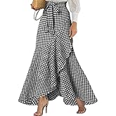 chouyatou Women's Casual Plaid Mermaid Maxi Skirt A Line Irregular Ruffle Hem Fishtail Long Skirt