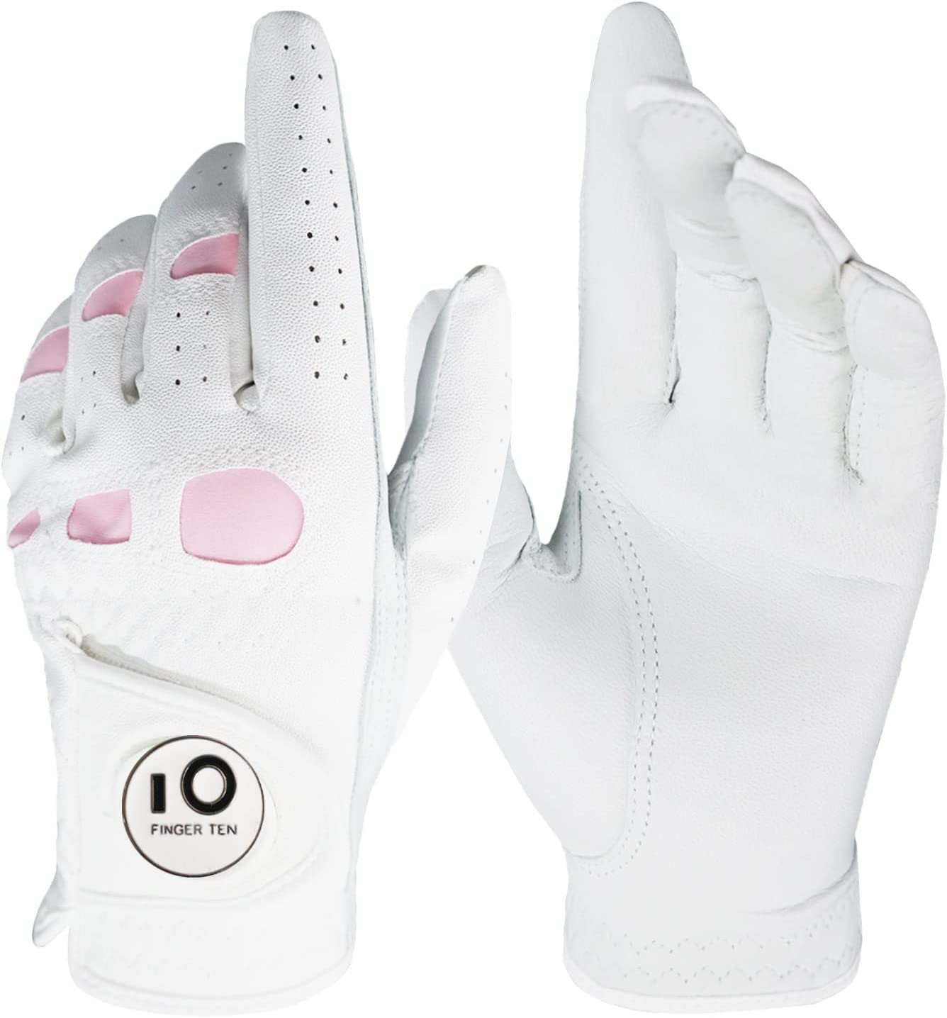 FINGER TEN Golf Gloves Ladies Left Hand Right Cabretta Leather with Ball Marker Value Pack, Women Golf Glove Rain Grip All Weather Wear Resistant (XL, 1 Pack (Worn on Left Hand)
