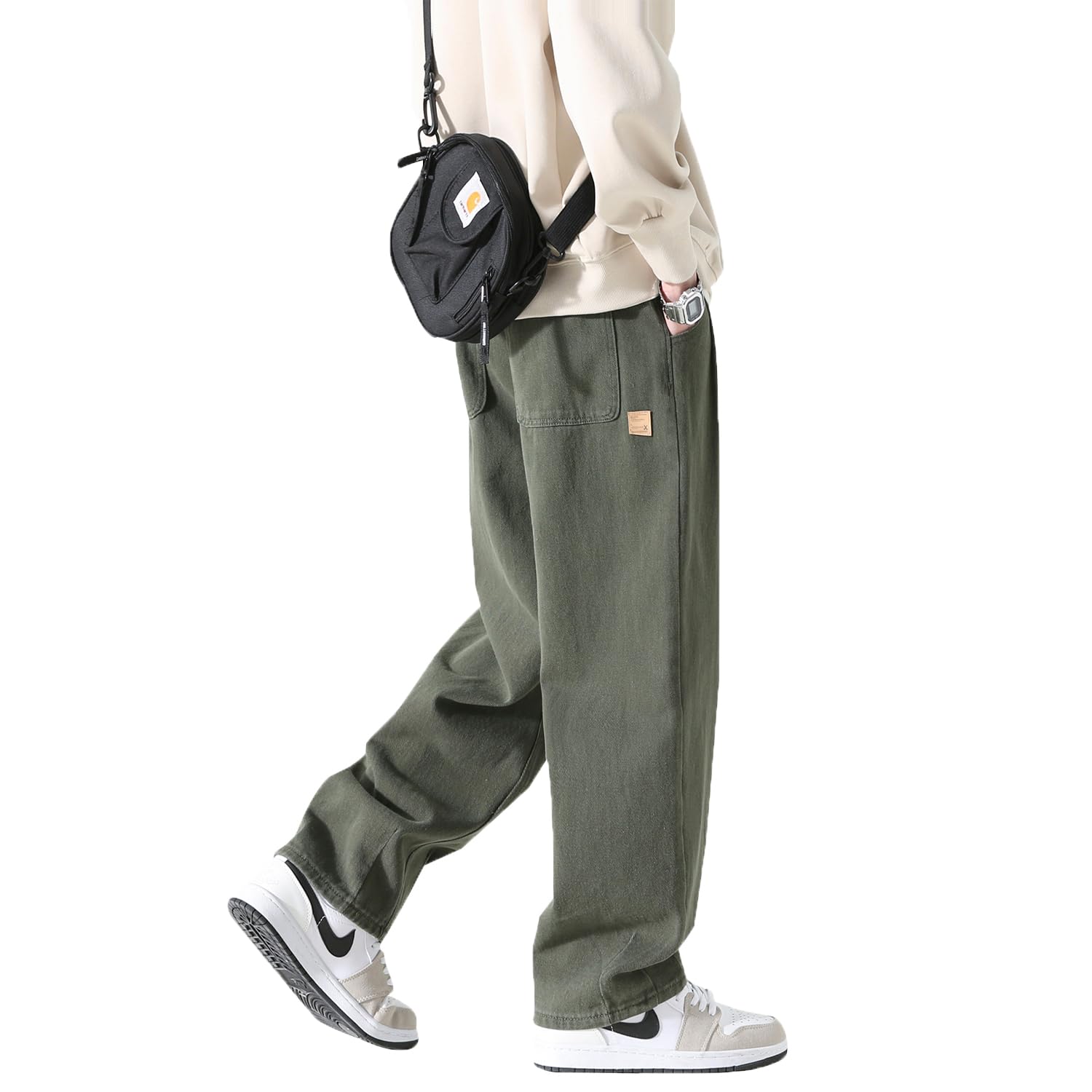 Olekei Men’s Sarouel Pants, Wide-Leg Pants, 9/10 Length, Plain, with Adjustable Drawstring, Popular, Comfortable, Loose Fit, Breathable, Plus Sizes, Casual, Hakama Pants, Comfortable for All Seasons: